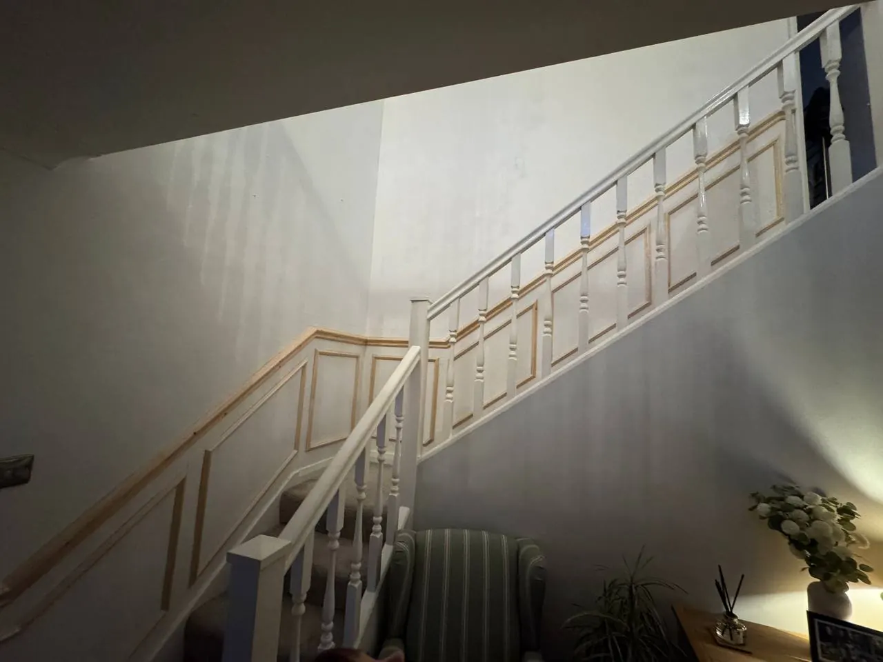 Painted timber stairs, hall and landing panelling fitted in Wrea Green